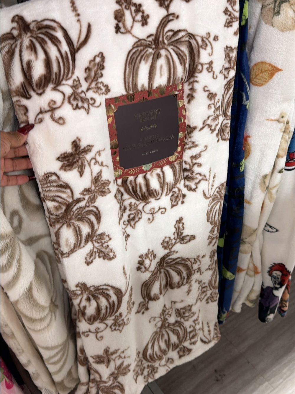 Plush Throw Blanket - Cream with Brown Pumpkin Print